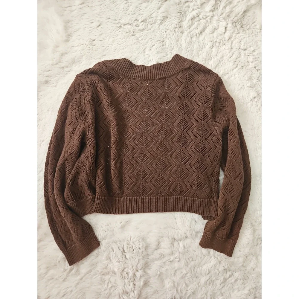 Worthington Cropped Cardigan Sweater XL Brown Open Front Pointelle Knit Cotton